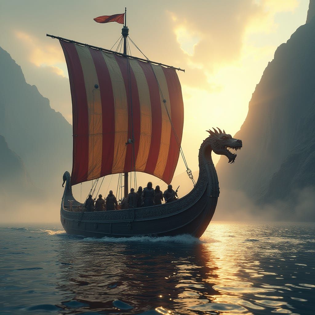 Majestic Viking Longship Glides Through Norwegian Fjord at S...