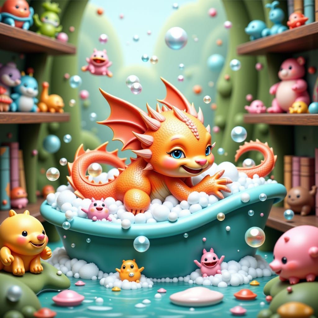 Vibrant Dragon Plays in Whimsical Bookshelf Wonderland