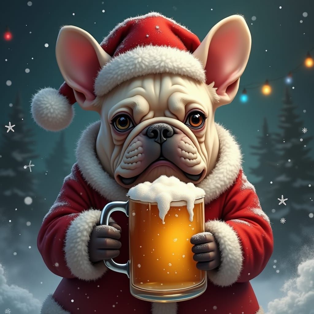 Festive Bulldog in Santa Hat with Beer