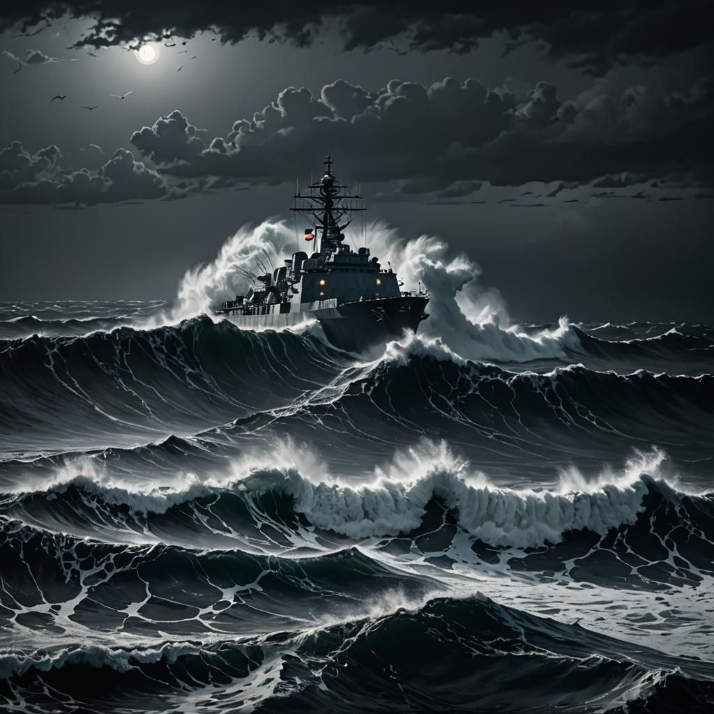 Navy Ship in Stormy Seas at Night