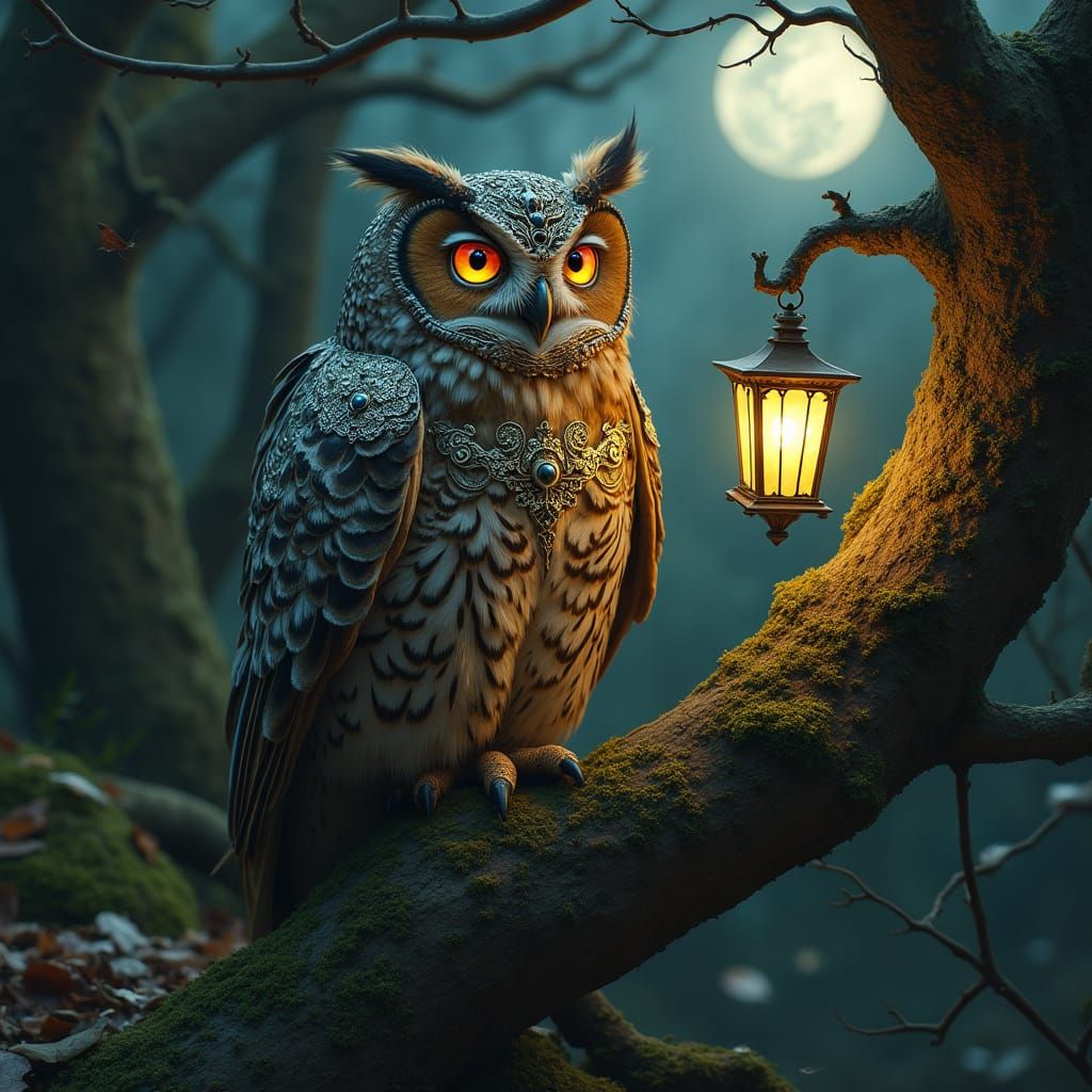 Baroque Owl in Moonlit Forest, Art Nouveau Style