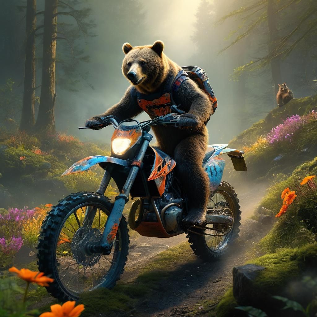 Bear on Dirt Bike Through Smoky Mountains, Matte Painting