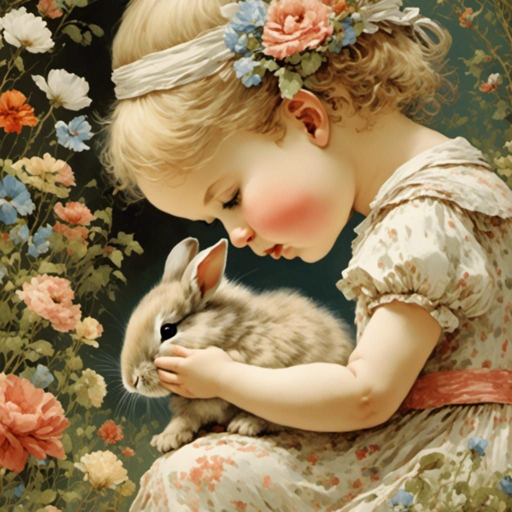 Toddler and Bunny Nose to Nose, Beatrix Potter Style