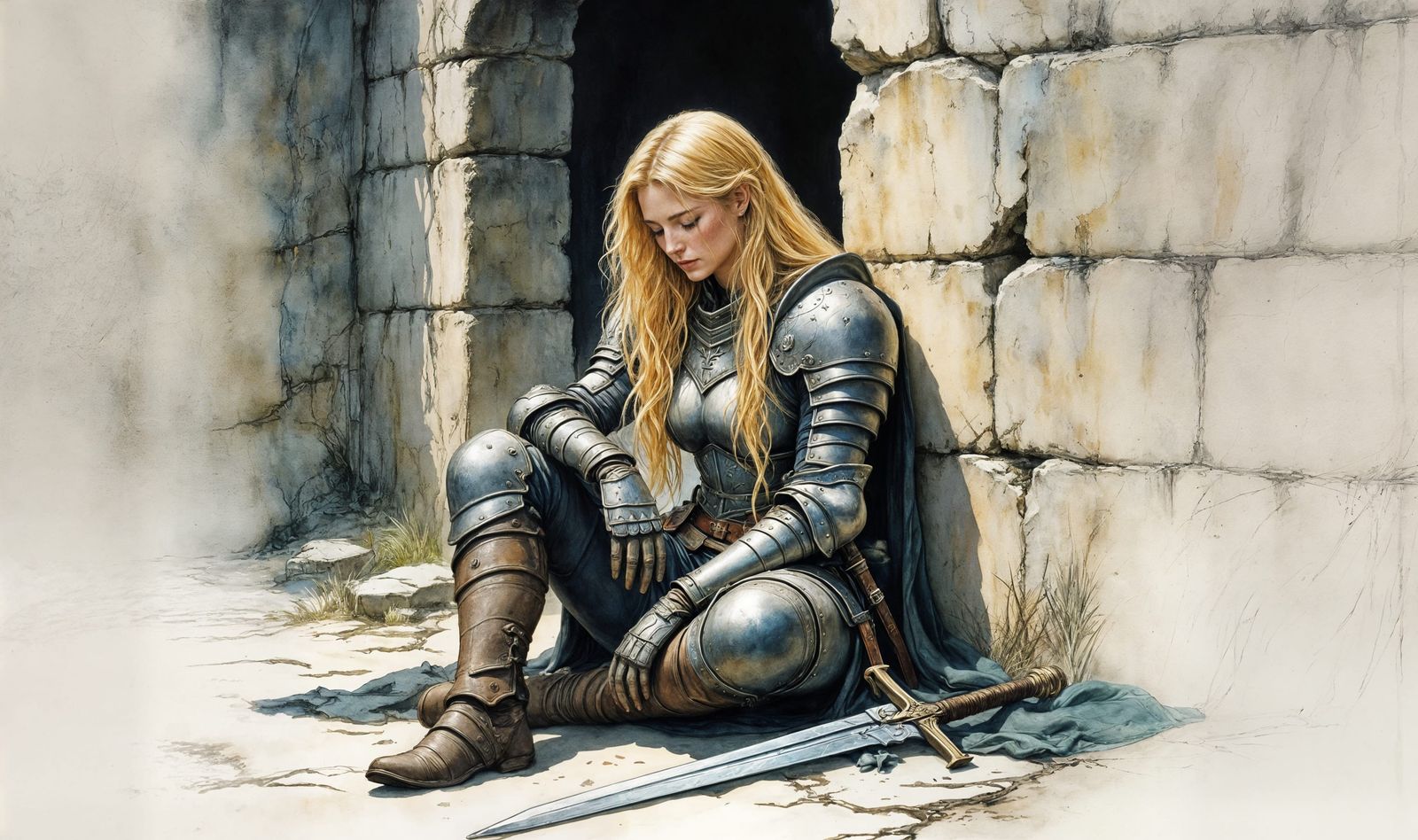 Sorrowful Armored Warrior Meditating in Rackham Style