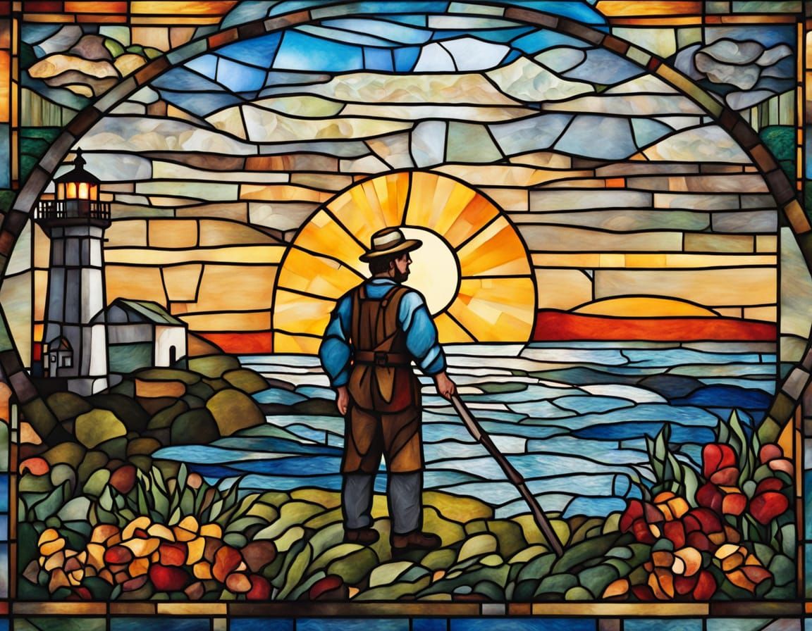 Gothic Stained Glass: Farmer in Vibrant Rustic Landscape