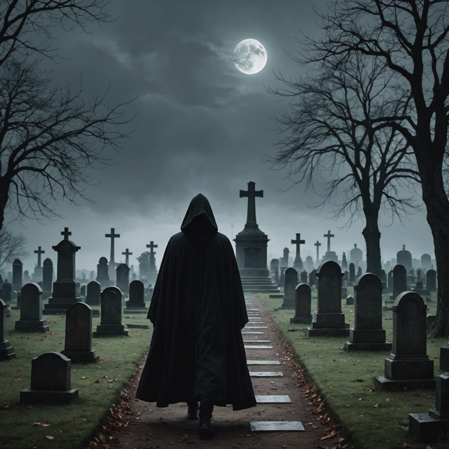 Hooded Figure Walks Through Ghost Cemetery