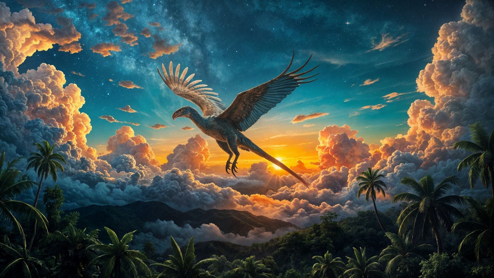 Dramatic Archaeopteryx in a Sunset Jungle Scene