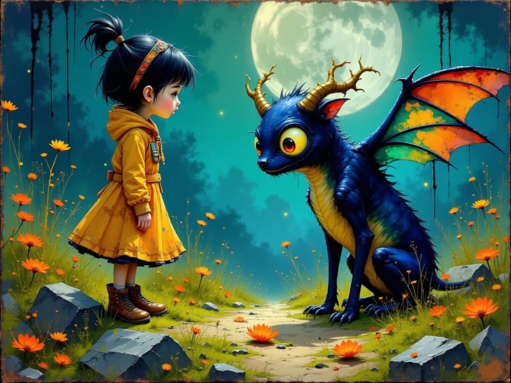 Girl befriends Mystical Demon in Whimsical Moonlit Forest