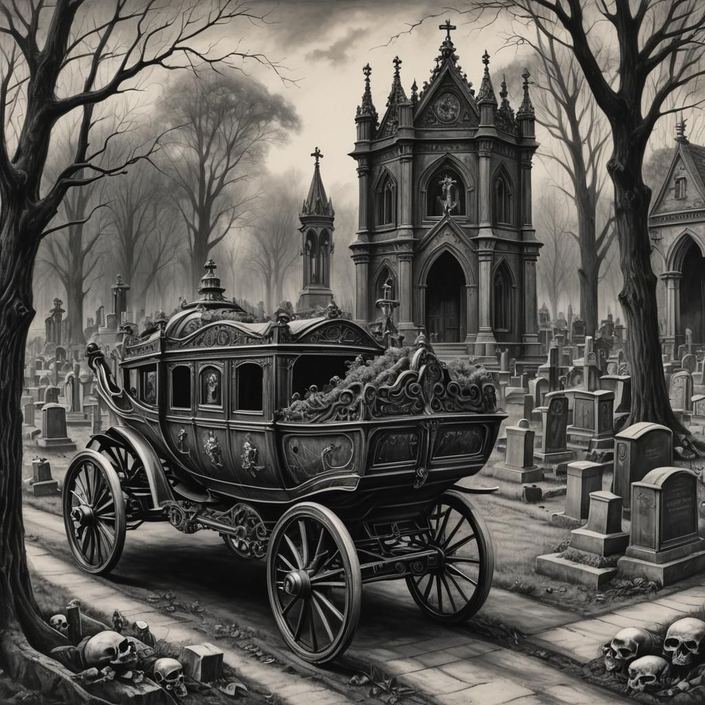 Gothic Funeral Carriage in Cemetery: Charcoal Drawing