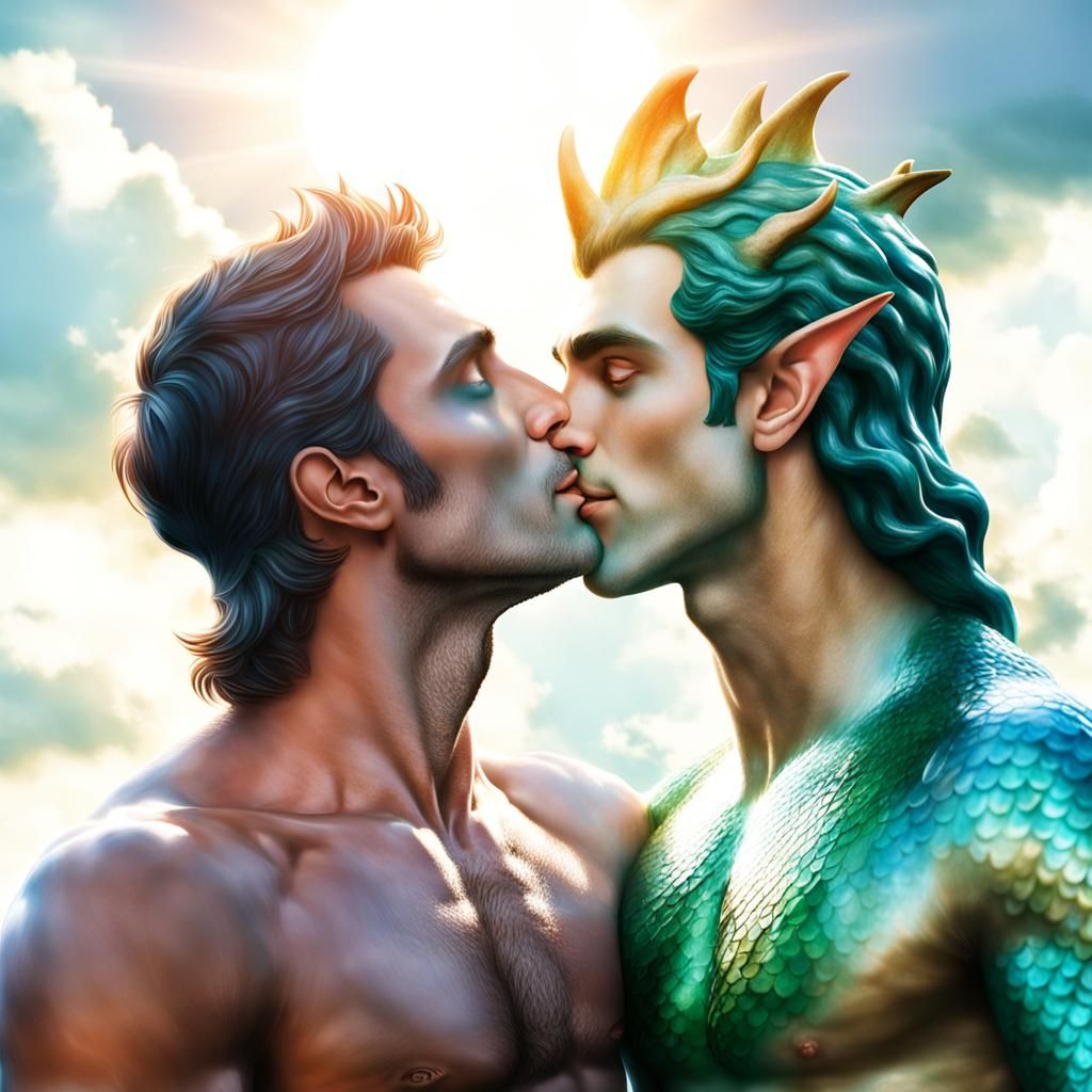 Male Elf and Merman Kiss in Divine Light