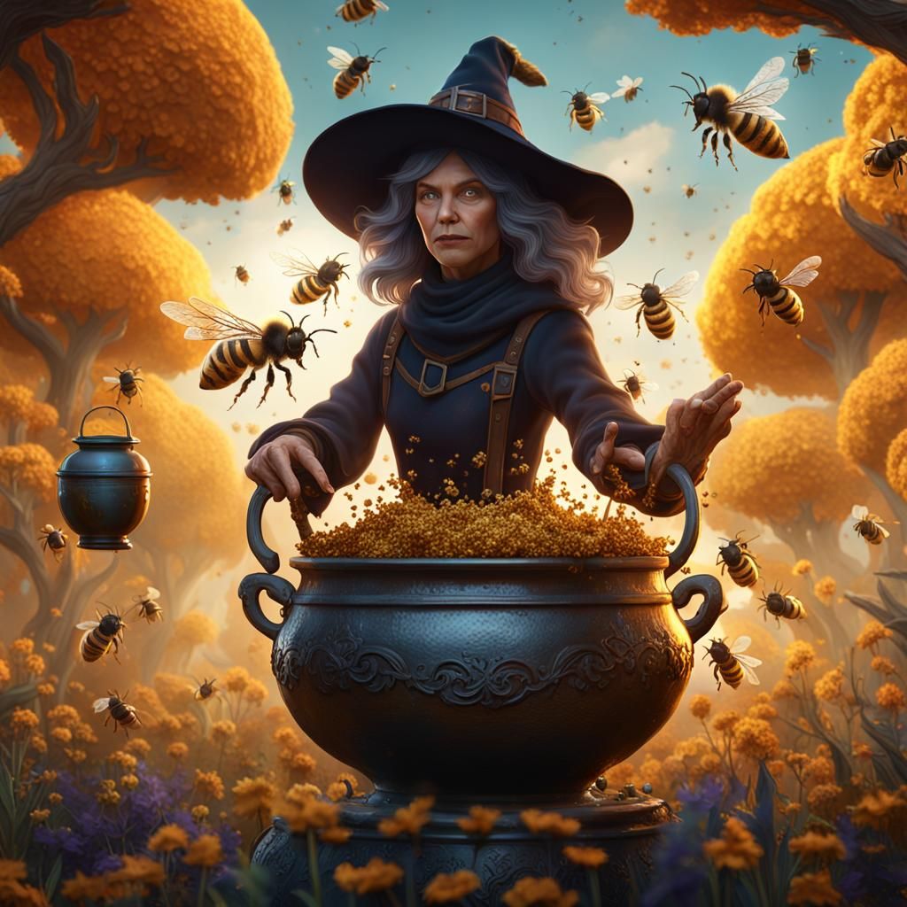 Witch and Cauldron with Flying Bees: Fantasy Art