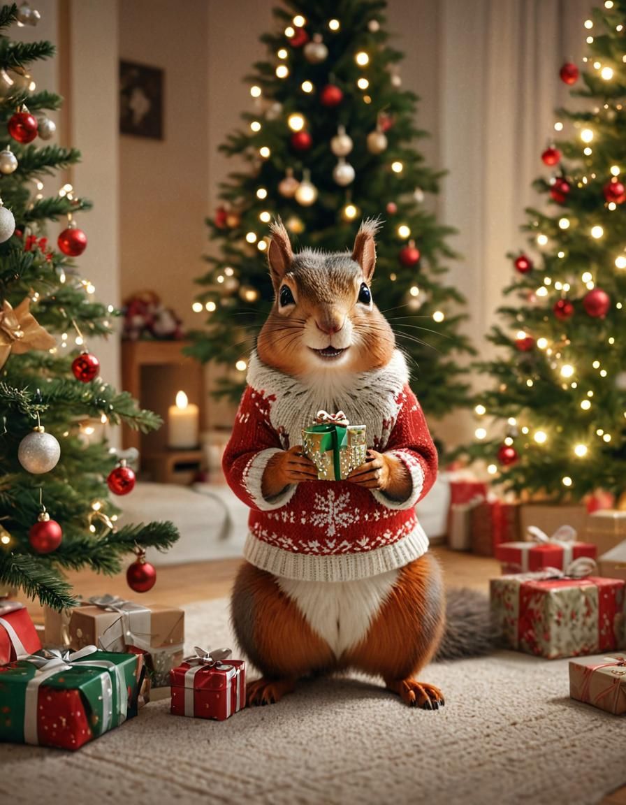 Squirrel Christmas Gift: Cinematic Digital Painting
