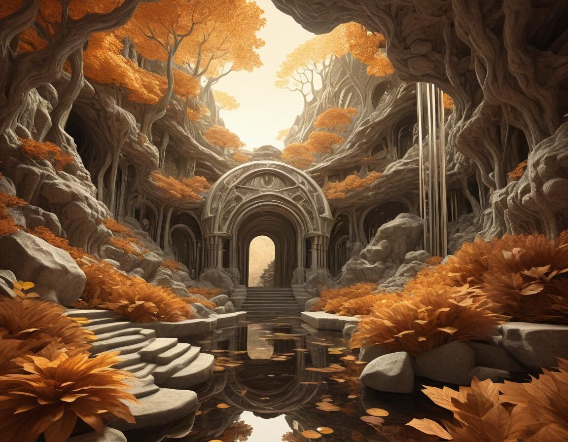 Ethereal Grotto with Autumn Florals in Solarpunk Style
