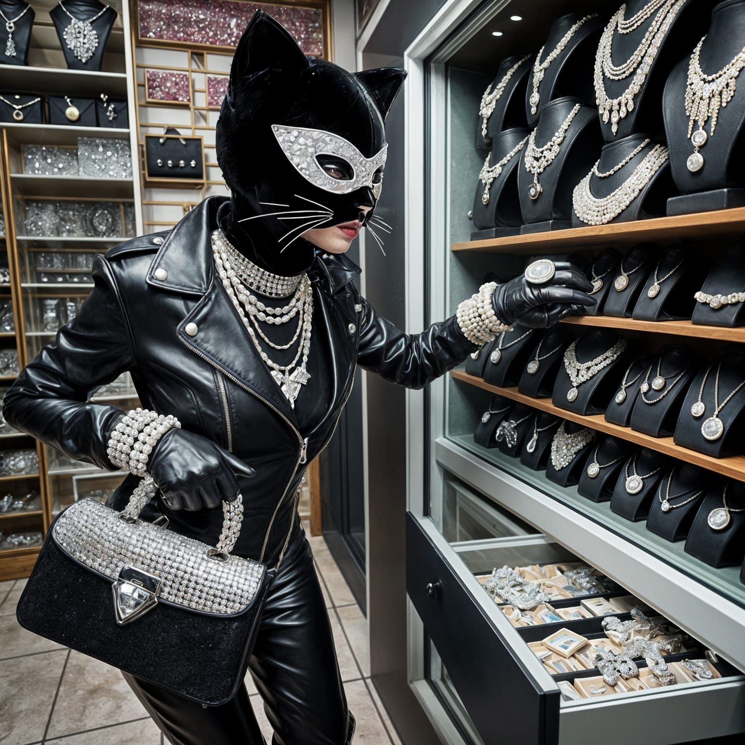 Cat Burglar Stealing Diamonds and Cash