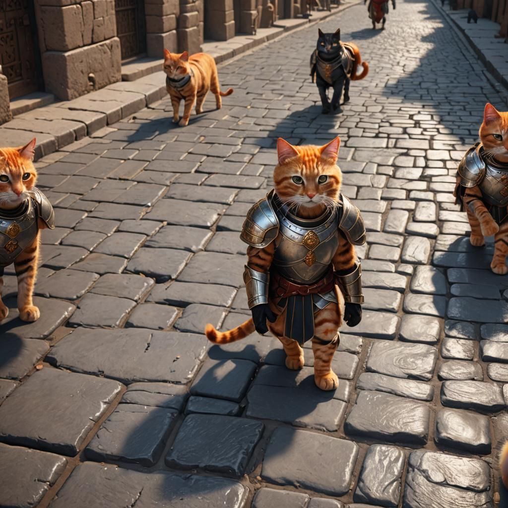 Orange Cats in Silver Armor on Cobblestone Street
