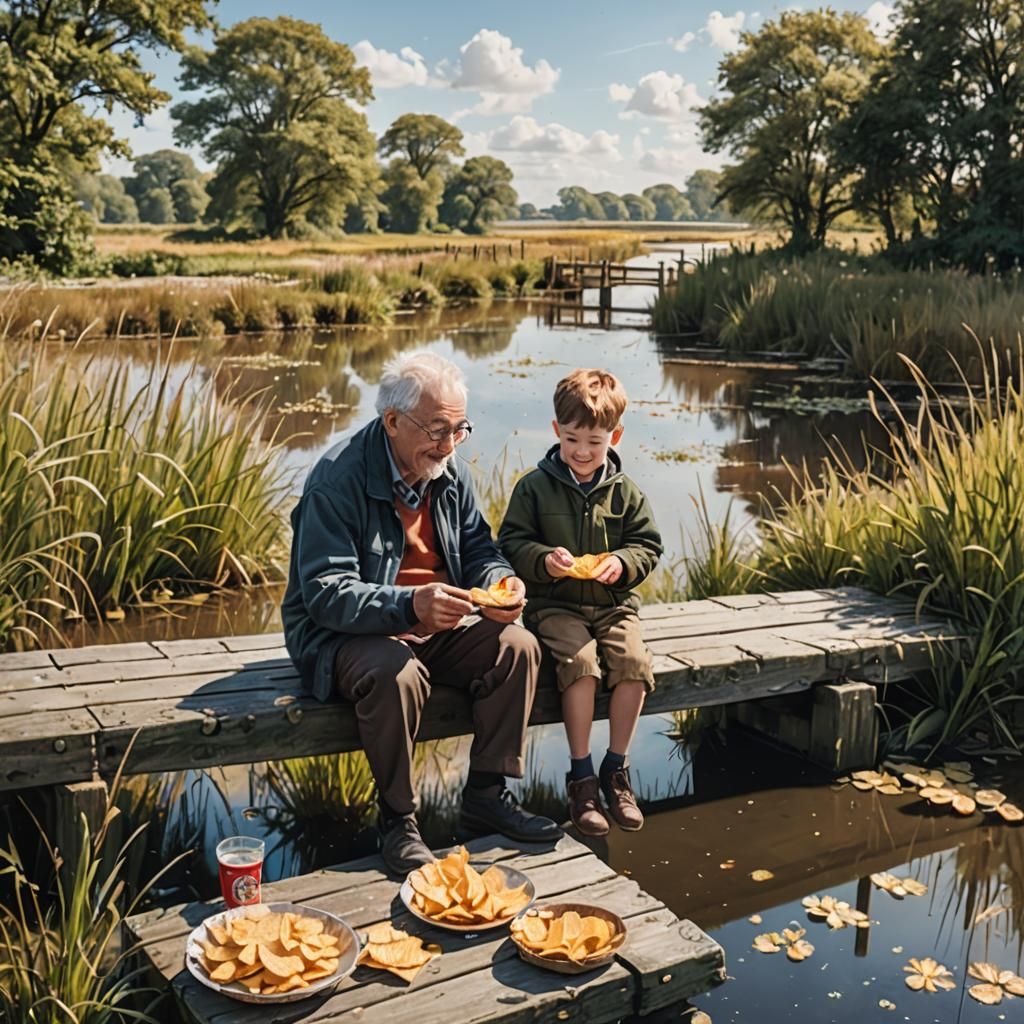 Boy and Grandpa Share Marsh Snack