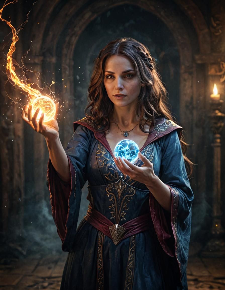 Sorceress Casting Plasma Ball: Dynamic Illustration