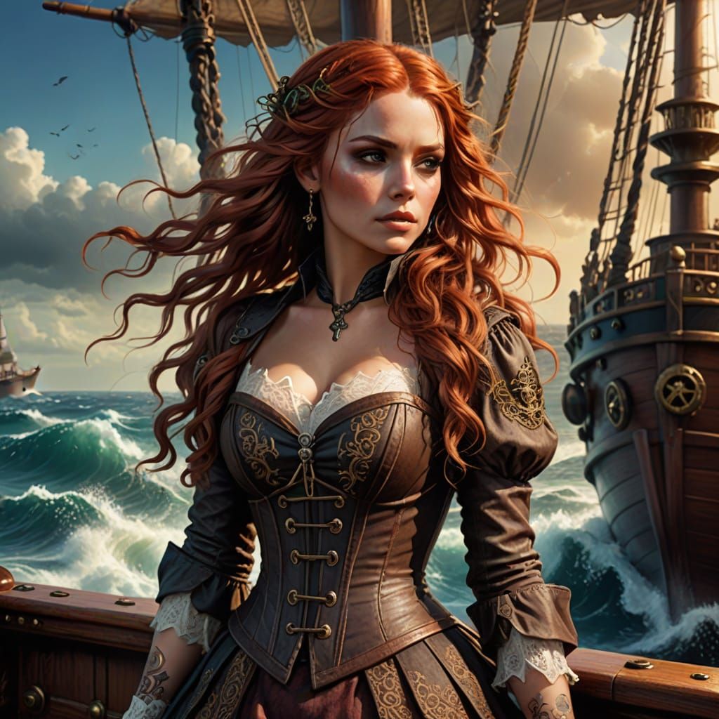 Red-Haired Woman on Ship: Fantasy Digital Art