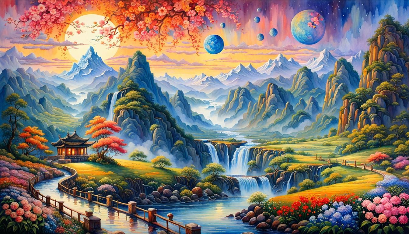 Watercolor Spring Landscape with Celestial Fantasy