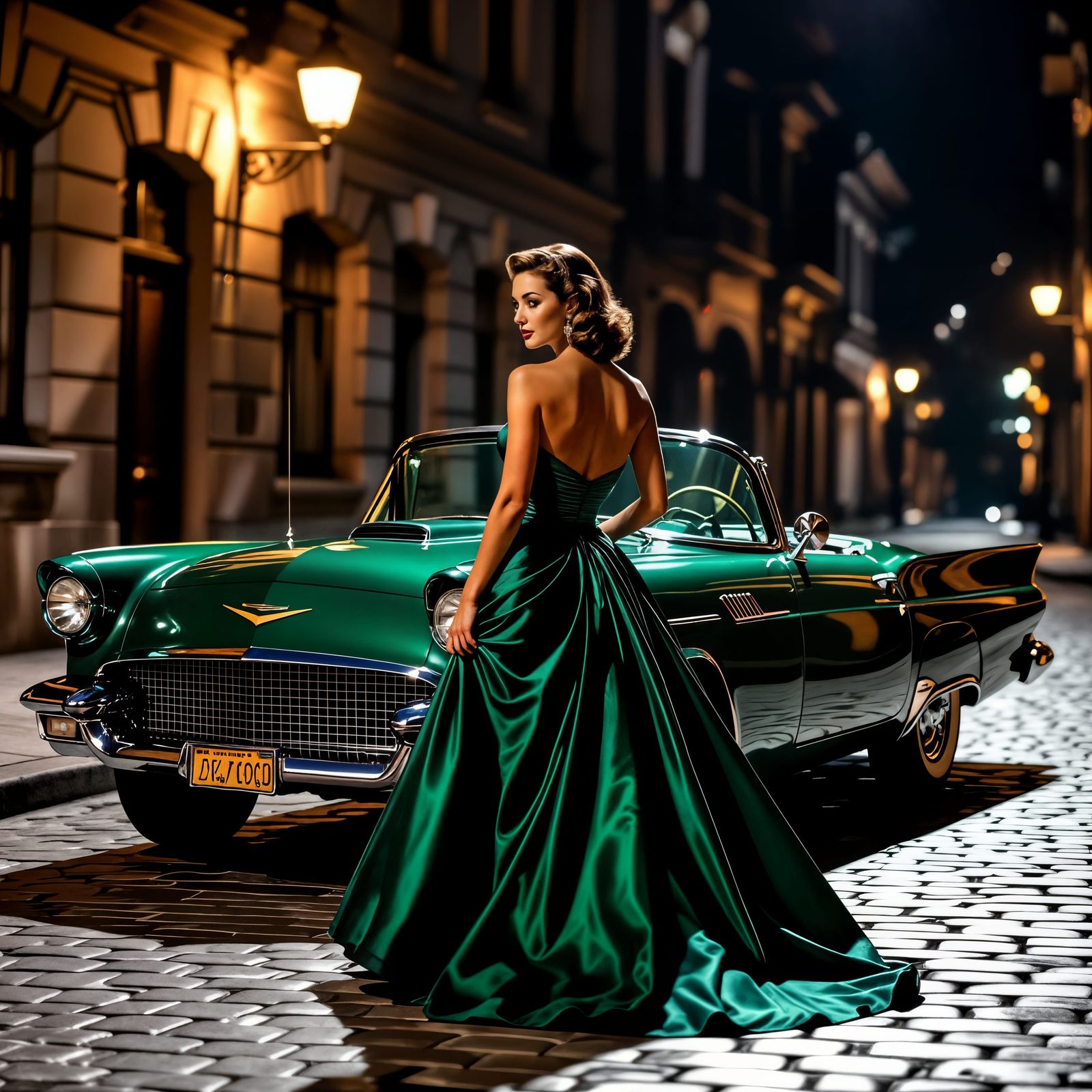 Glamorous Woman in 1950s Gown by Vintage Car