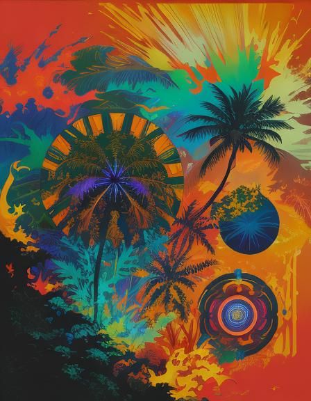 Gloomy Tropical Scene in Psychedelic Oil Painting