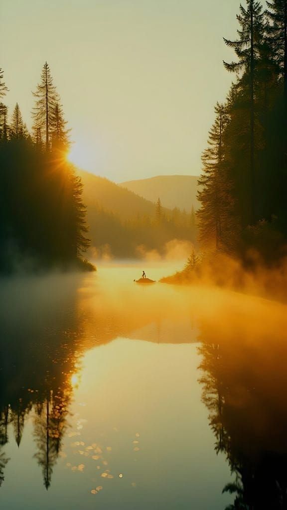 Sunlit Lake and Forest at Dusk: Cinematic Still