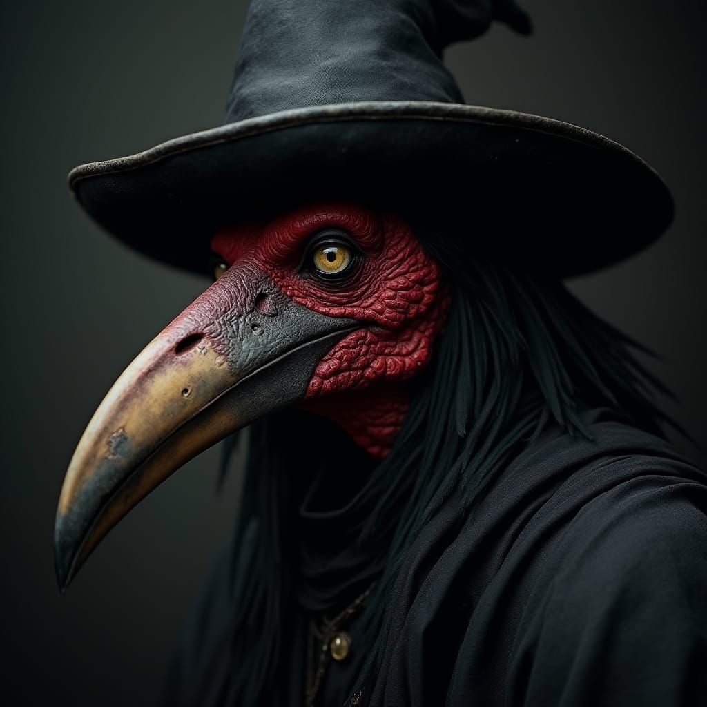 Gothic Hornbill Plague Doctor with Piercing Gaze