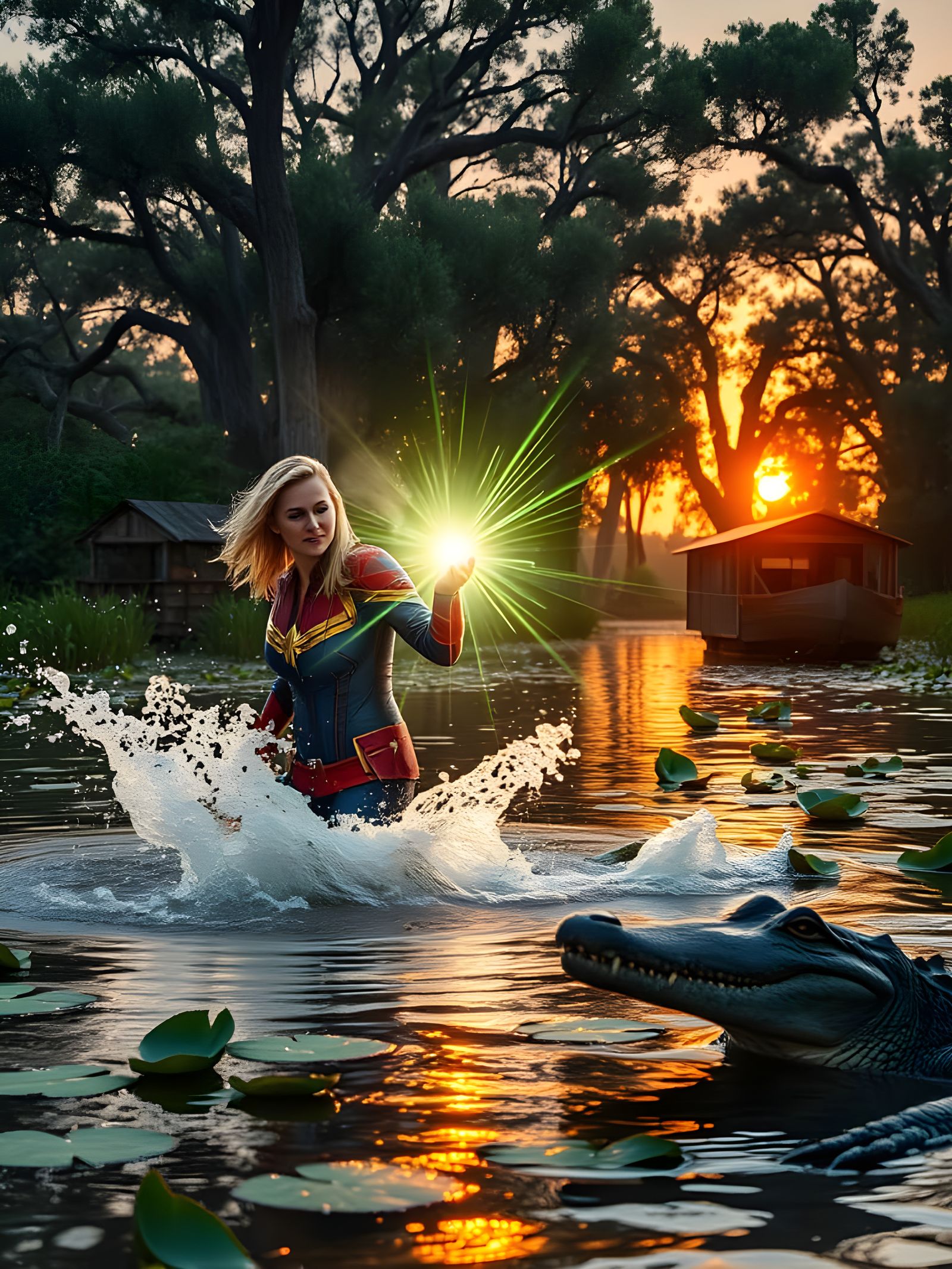 Captain Marvel Shines in a Vibrant Swamp Scene