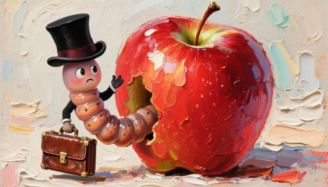 Dapper Worm Greets Audience from Juicy Apple in Gouache Styl...