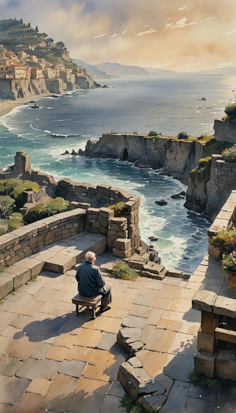 Meditative Sea View in Watercolor Style