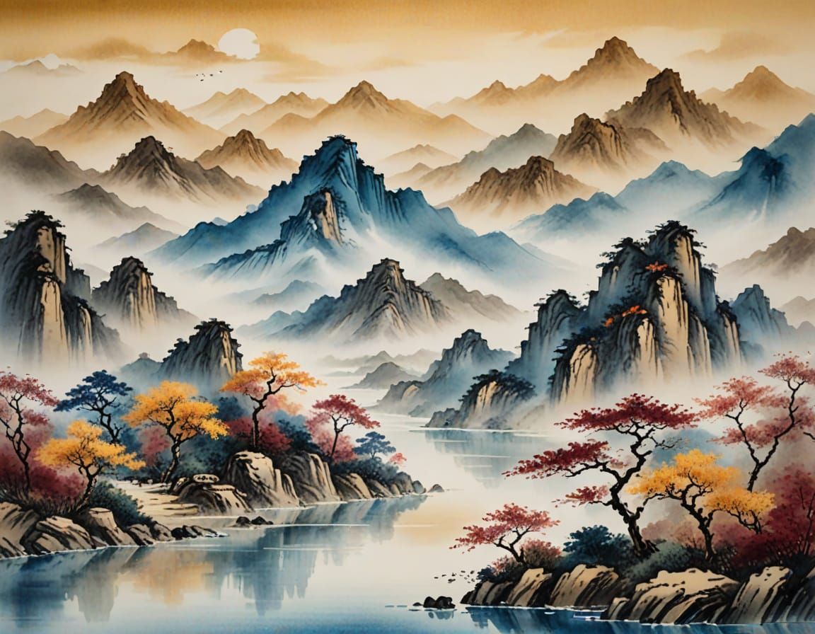 Mountain Range in Mist: Chinese Watercolour Landscape