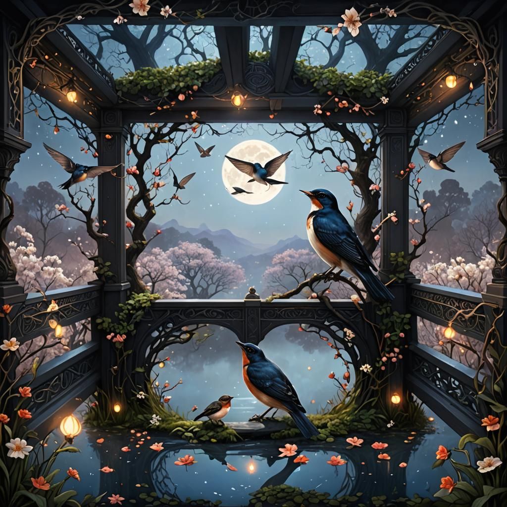 Surreal Rainy Landscape in Art Nouveau Style