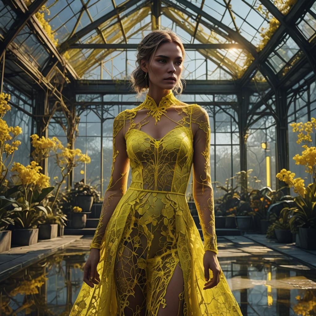 Model in Yellow Lace Gown with Neon LEDs