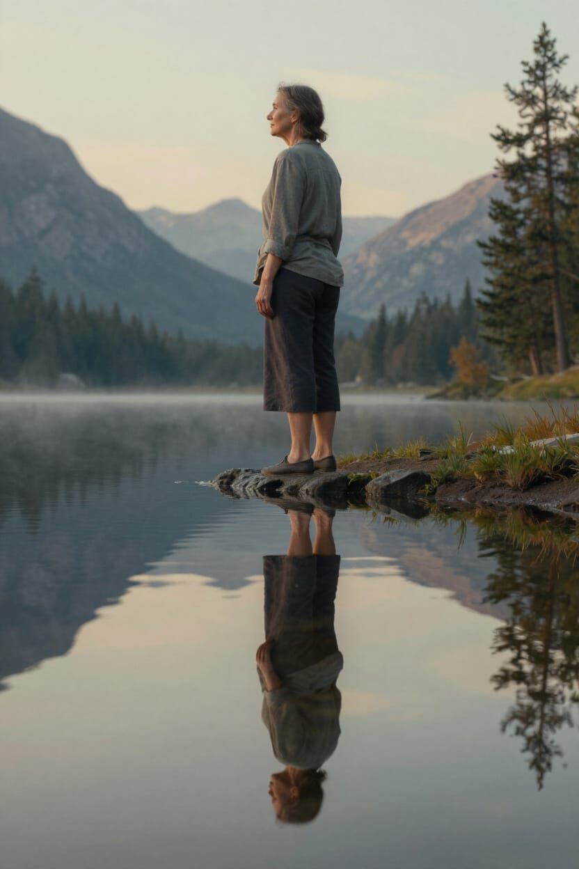Elderly Woman's Reflection Shows Youthful Self at Lake