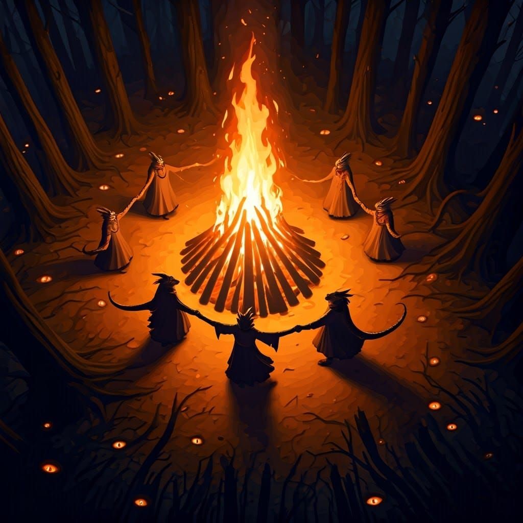 Anthropomorphic Dragons Dance Around Bonfire at Night
