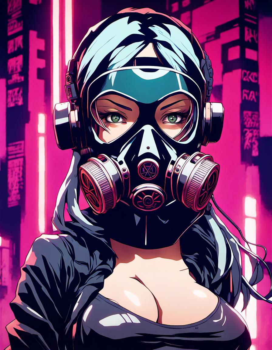 Cyberpunk Supermodel in Gasmask, Cel-Shaded Anime Style