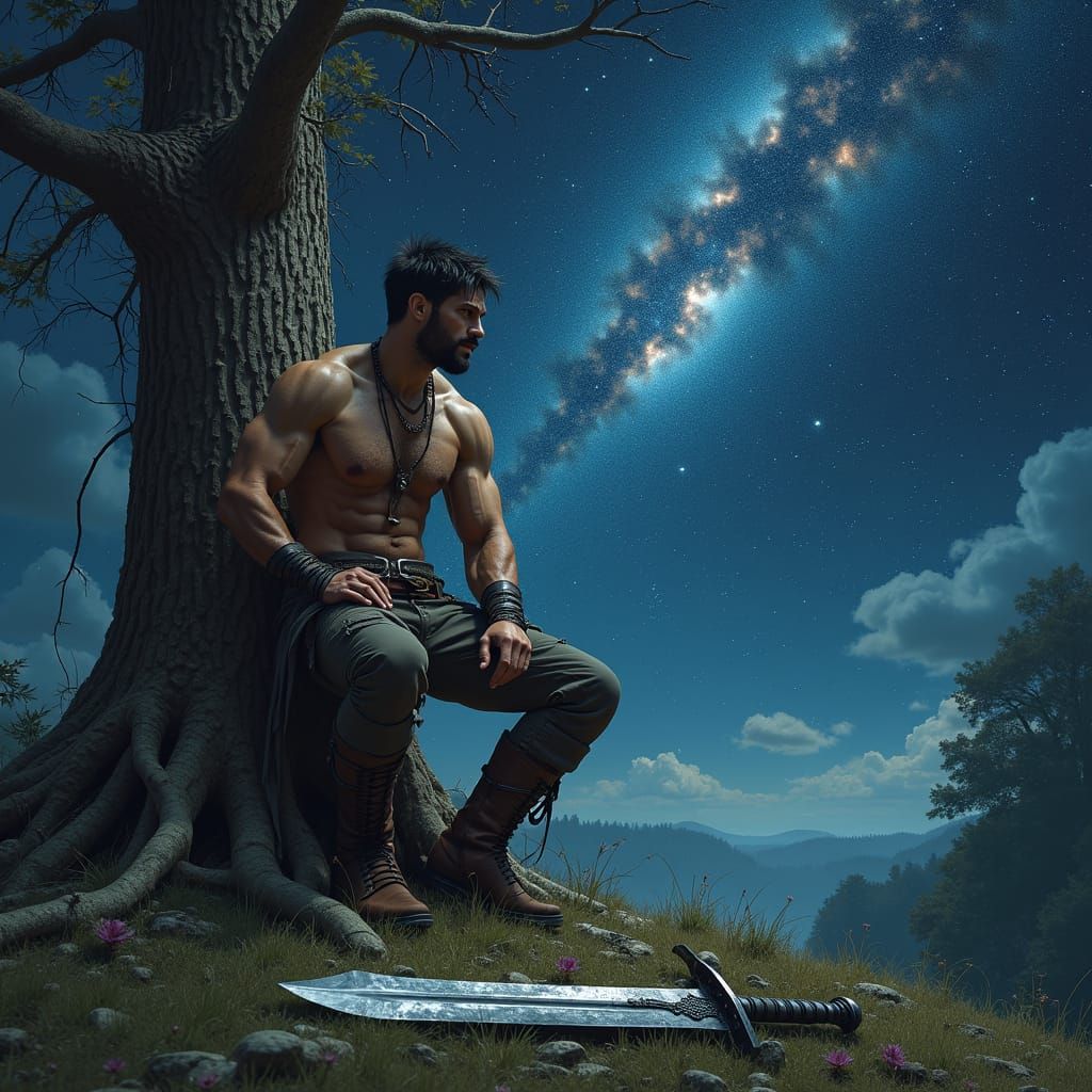 Wounded Warrior Watching Starfall, Cinematic Oil Painting