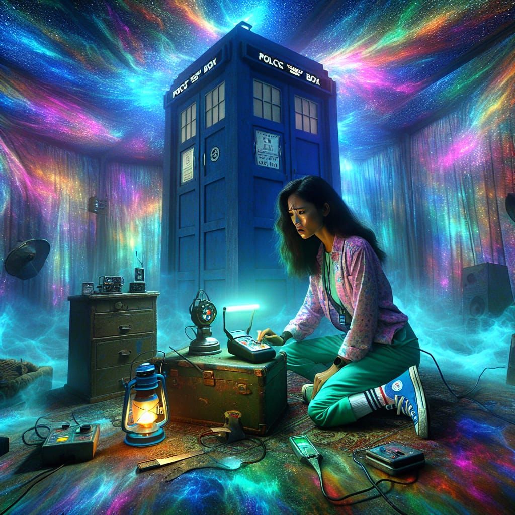 Emotional Ghost Hunter in TARDIS: Hyperrealistic Scene