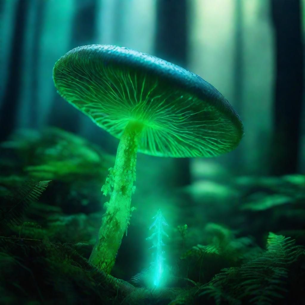 Bioluminescent Stinkture Emitting Green Glow in Misty Forest