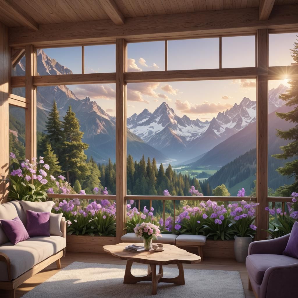 Alpine Lodge Sunrise: A Panoramic Matte Painting