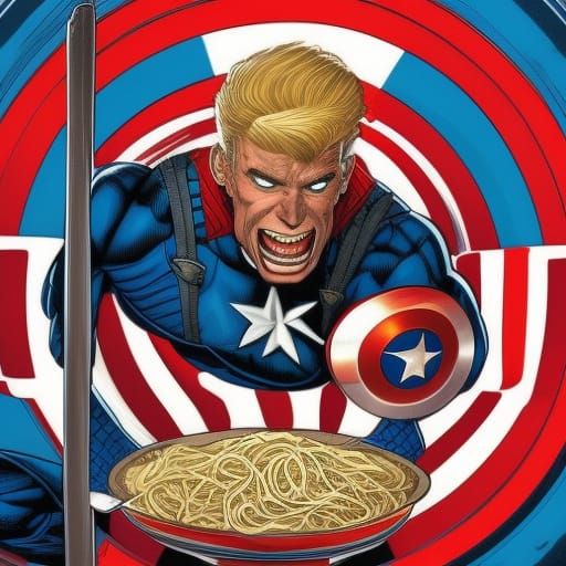 Captain America Eating Noodles in Comic Book Style