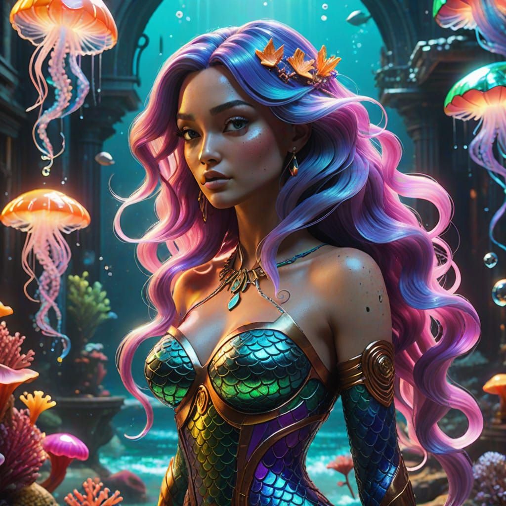 Luminous Mermaid Goddess in Vibrant Oceanic Dreamscape