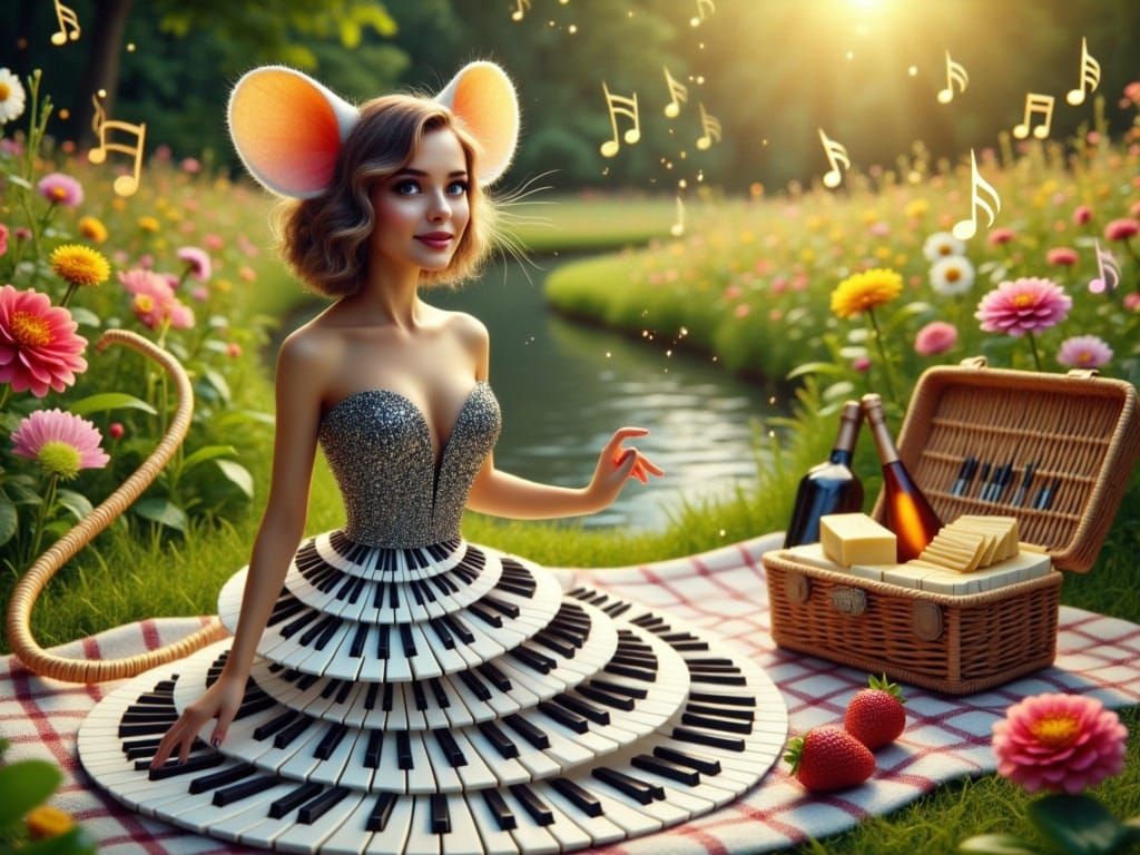 Hyper Realistic Mouse in Elegant Piano Dress at Picnic