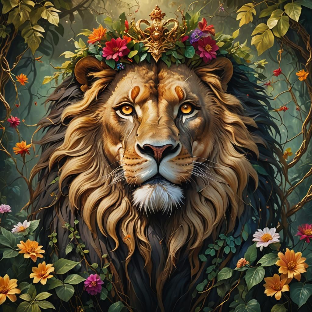 Lion in Jungle Crowned with Flowers, Matte Painting