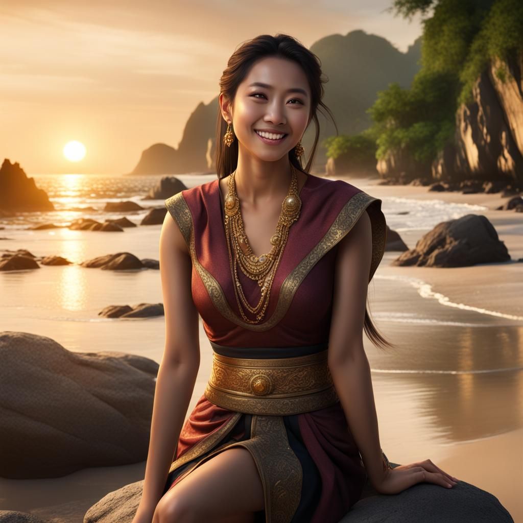 Thai Woman on Beach at Sunset: Digital Art