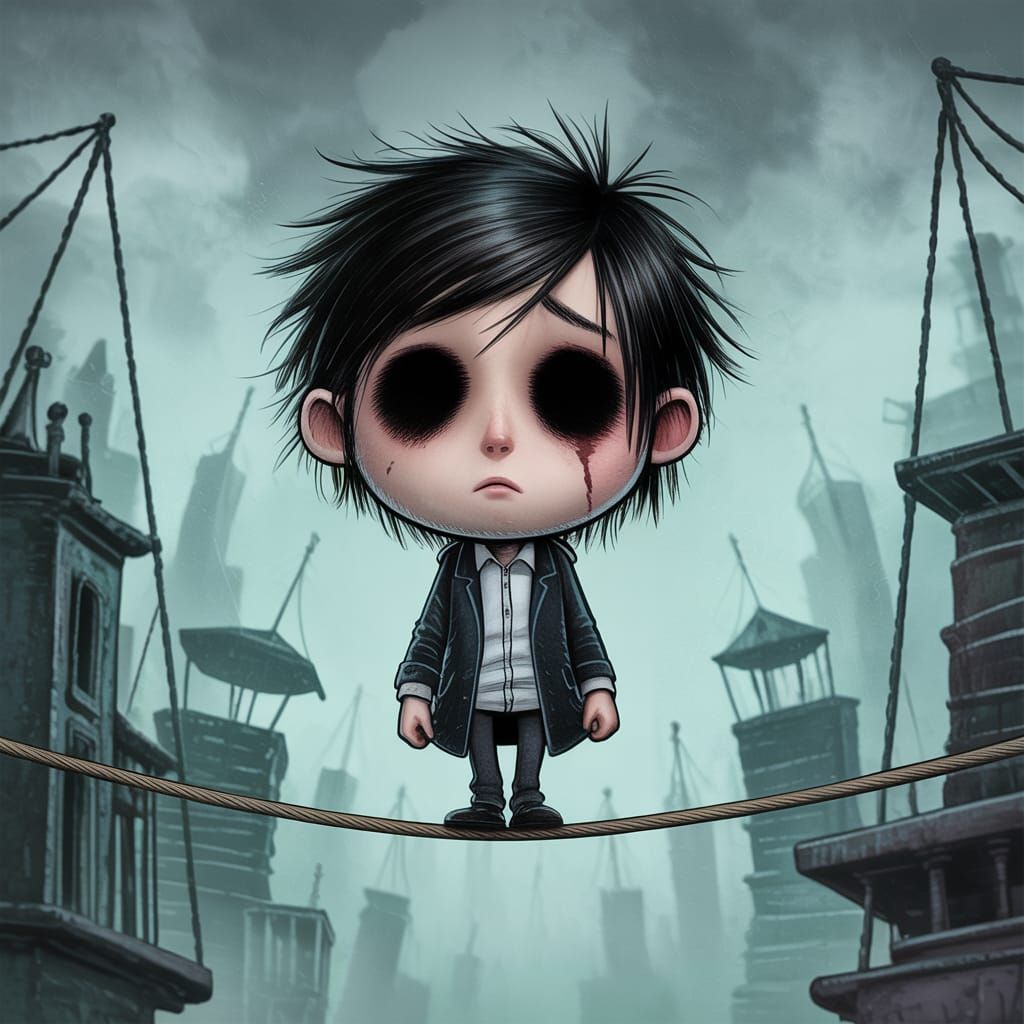 Emo Goth Cartoon Tightrope Walker in Sfumato Style