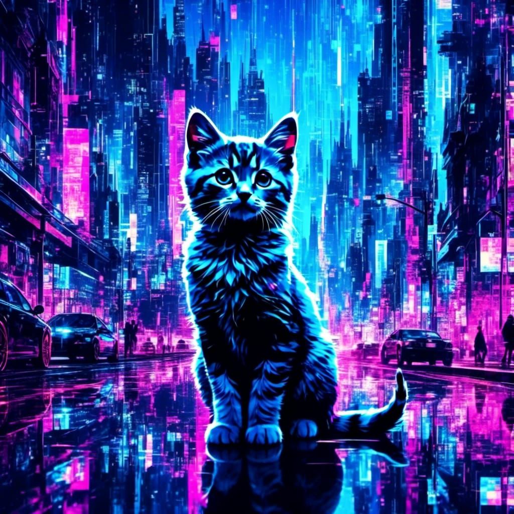 Cute Glitch Kitten in Electric Victorian Cityscape