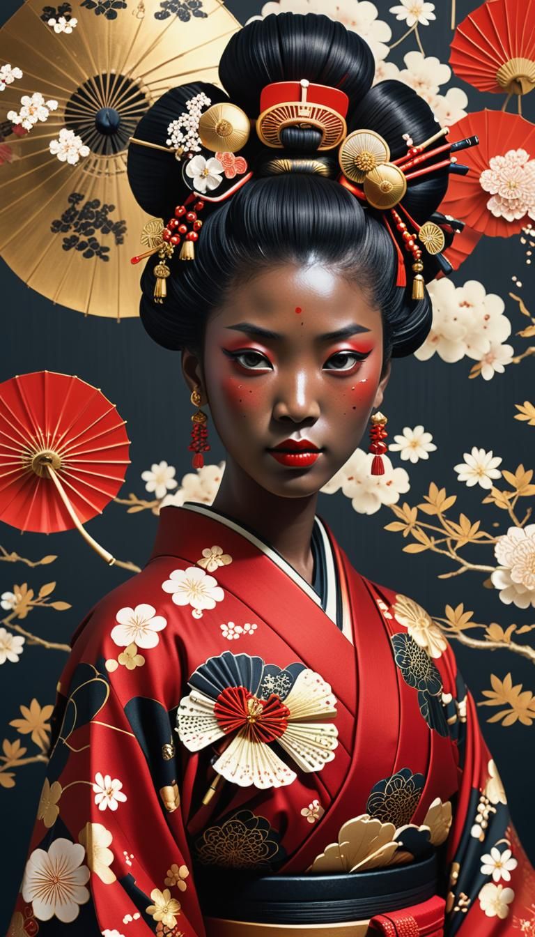 Black Geisha in Kimono, Ukiyo-e Style