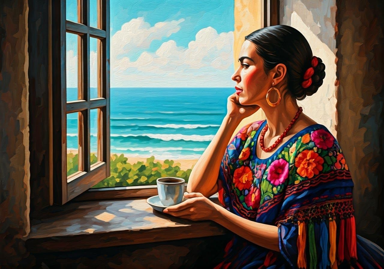 Latin American Woman Contemplates the Sea in Traditional Dre...