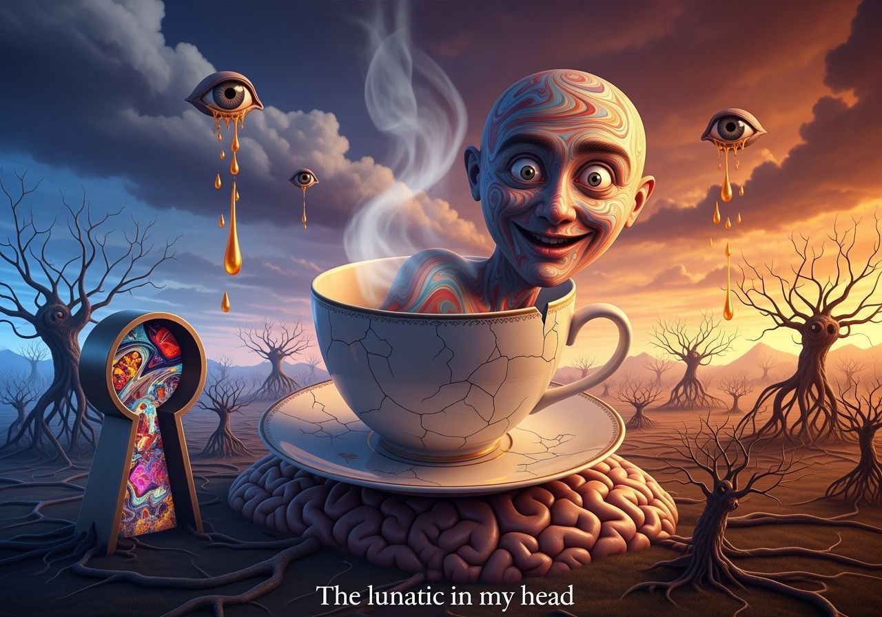 Surreal Teacup with Figure on Brain Landscape
